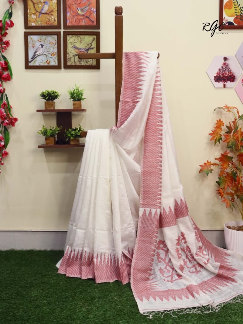 Off-White Pure Resham Matka Temple Work Jamdani Saree