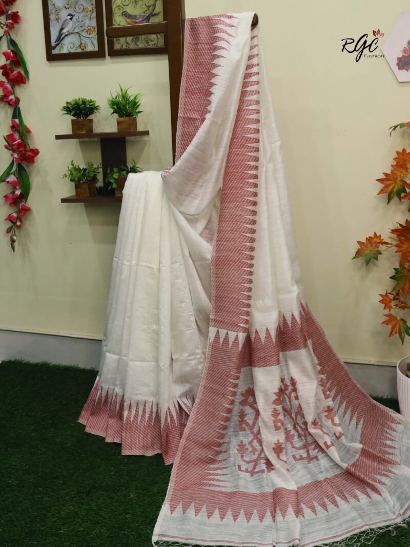 Off-White Pure Resham Matka Temple Work Jamdani Saree - Image 2