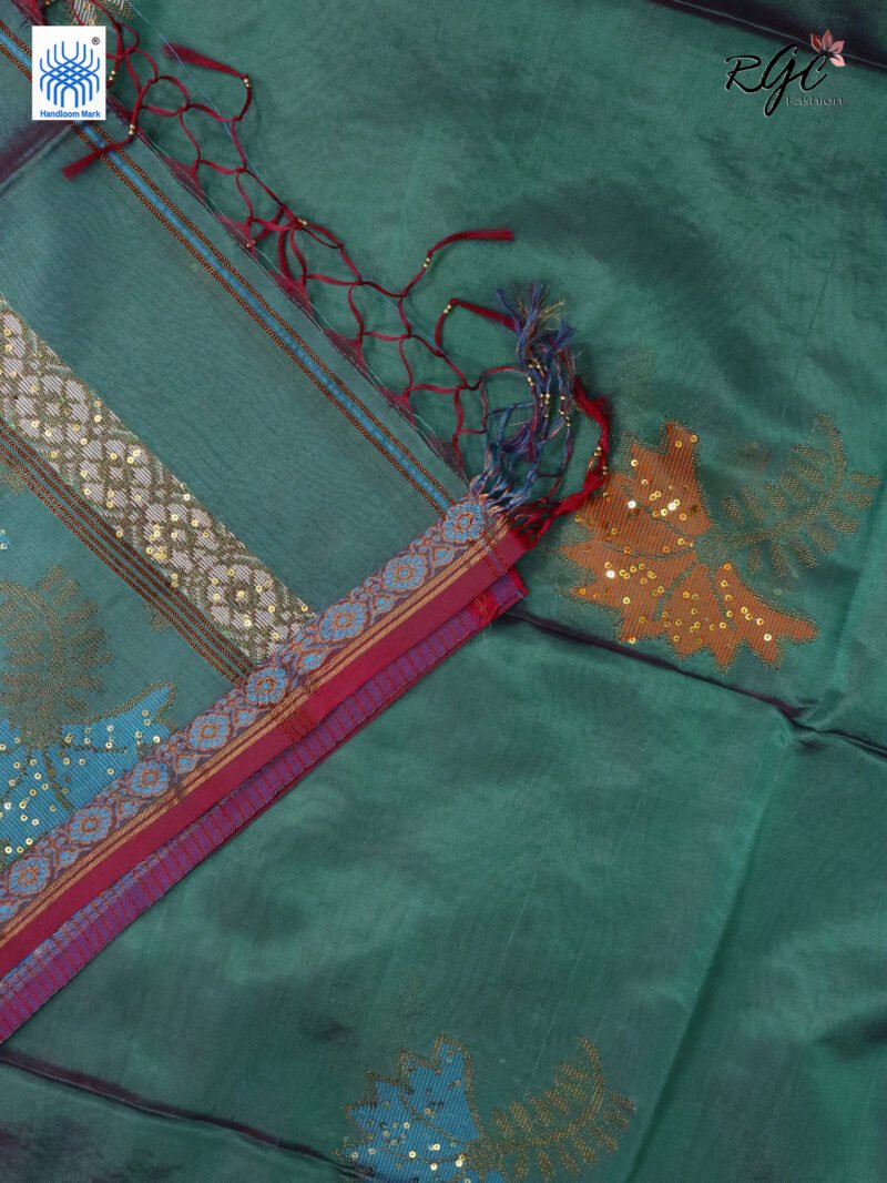 Dual Tone Bengal Katan Silk Sequence Work Jamdani Saree - Image 8