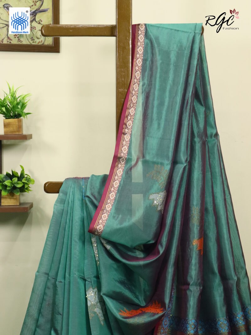 Dual Tone Bengal Katan Silk Sequence Work Jamdani Saree - Image 3