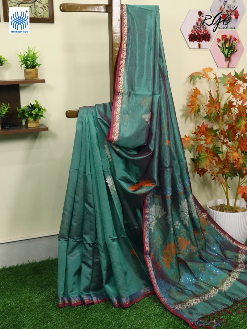 Dual Tone Bengal Katan Silk Sequence Work Jamdani Saree - Image 2