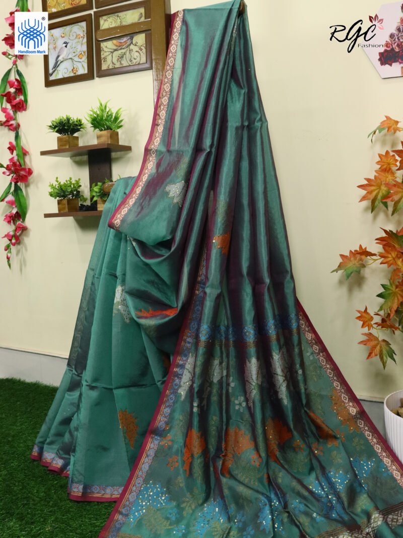 Dual Tone Bengal Katan Silk Sequence Work Jamdani Saree - Image 4