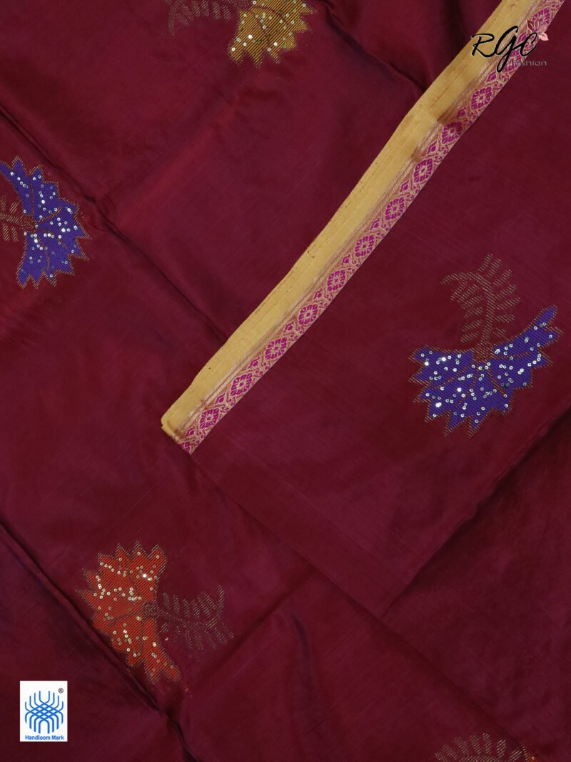 Maroon Bengal Katan Silk Sequence Work Jamdani Saree - Image 8