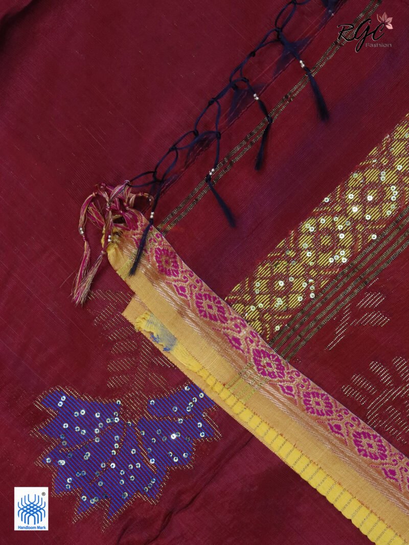 Maroon Bengal Katan Silk Sequence Work Jamdani Saree - Image 7