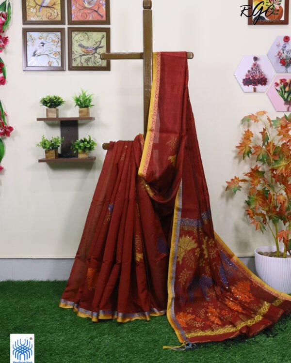 Maroon Bengal Katan Silk Sequence Work Jamdani Saree