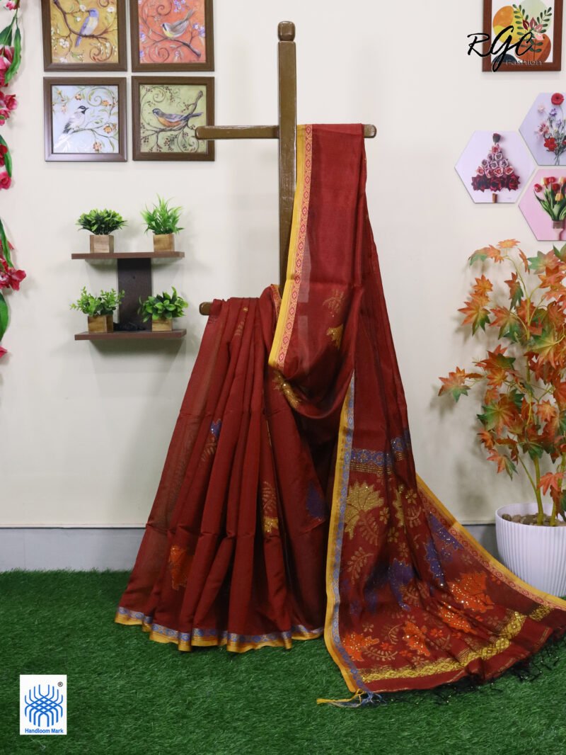 Maroon Bengal Katan Silk Sequence Work Jamdani Saree