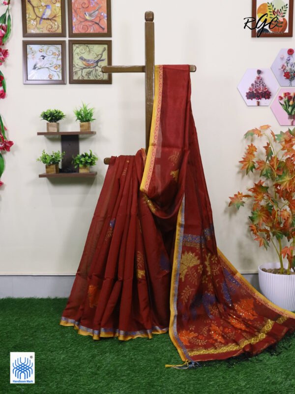 Maroon Bengal Handloom Katan Silk Sequence Work Jamdani Saree