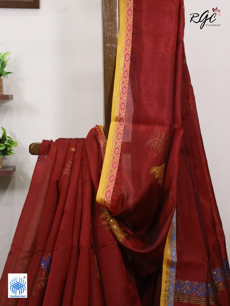 Maroon Bengal Katan Silk Sequence Work Jamdani Saree - Image 5
