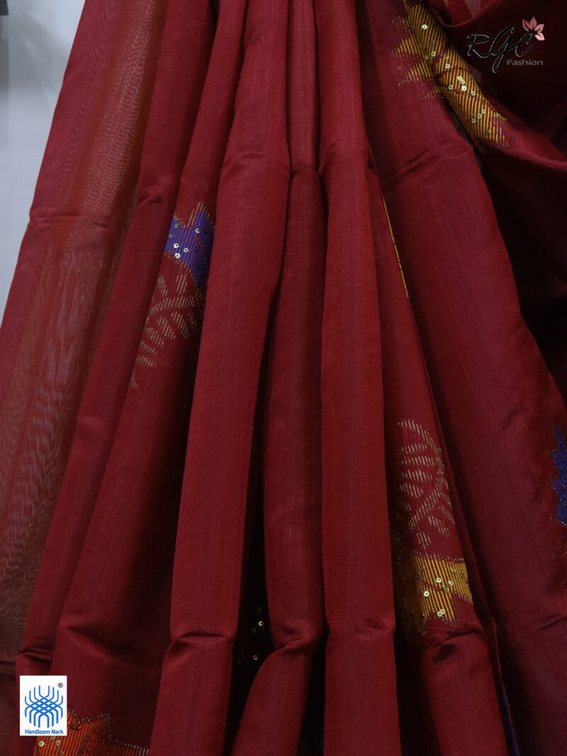 Maroon Bengal Katan Silk Sequence Work Jamdani Saree - Image 4
