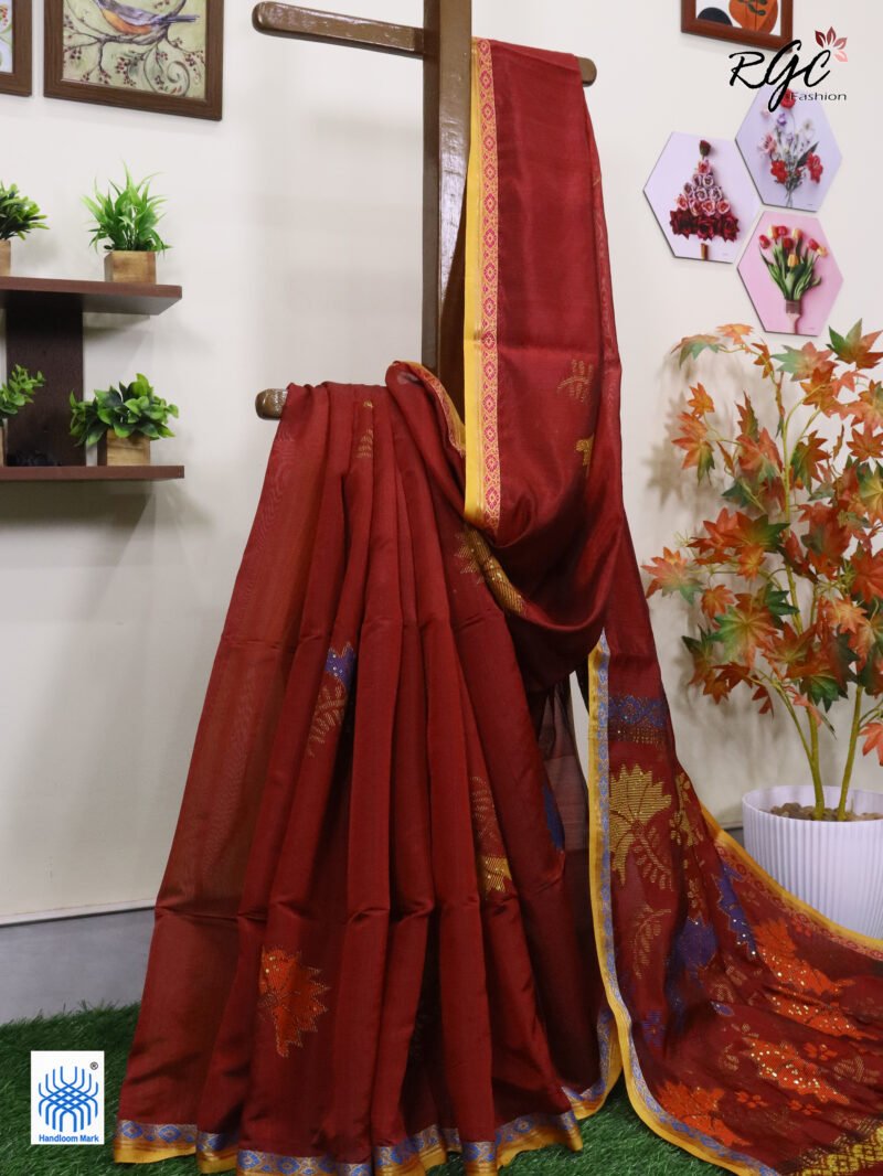Maroon Bengal Katan Silk Sequence Work Jamdani Saree - Image 3