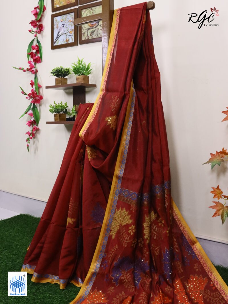 Maroon Bengal Katan Silk Sequence Work Jamdani Saree - Image 2