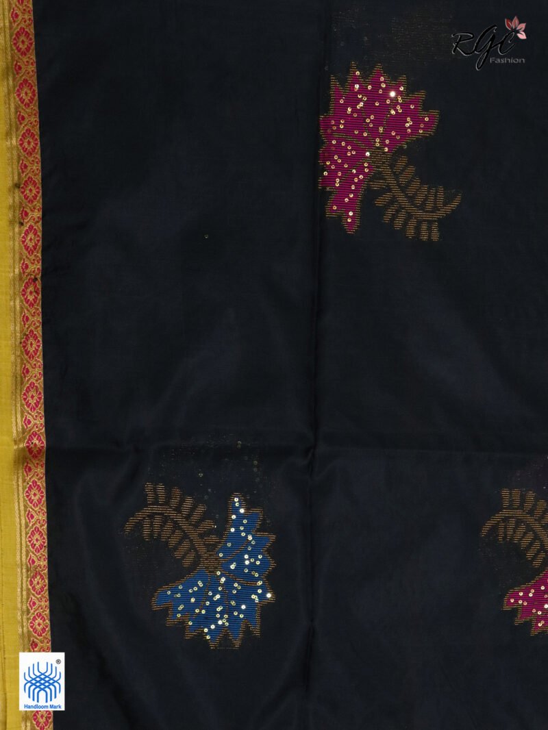 Black Bengal Katan Silk Sequence Work Jamdani Saree - Image 9