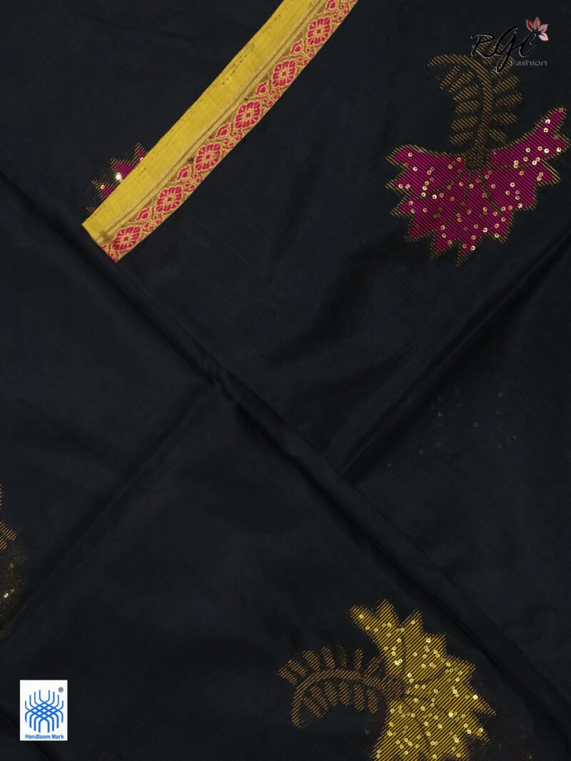 Black Bengal Katan Silk Sequence Work Jamdani Saree - Image 8