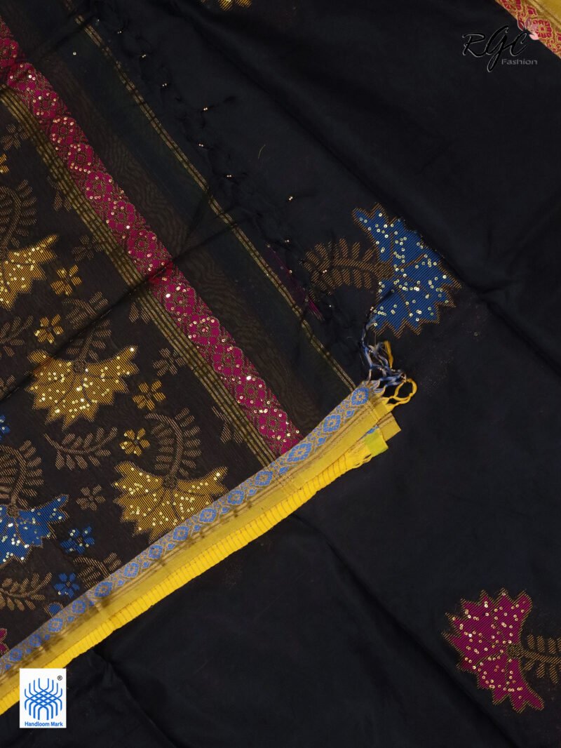 Black Bengal Katan Silk Sequence Work Jamdani Saree - Image 7