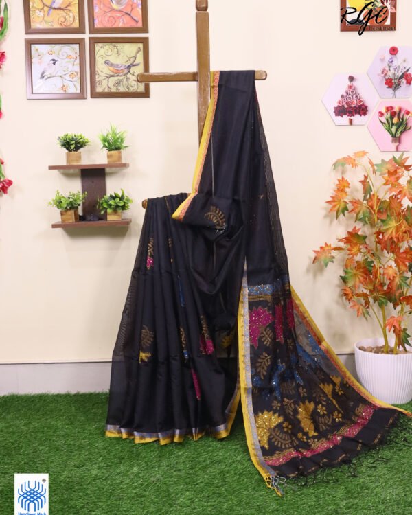 Black Bengal Katan Silk Sequence Work Jamdani Saree
