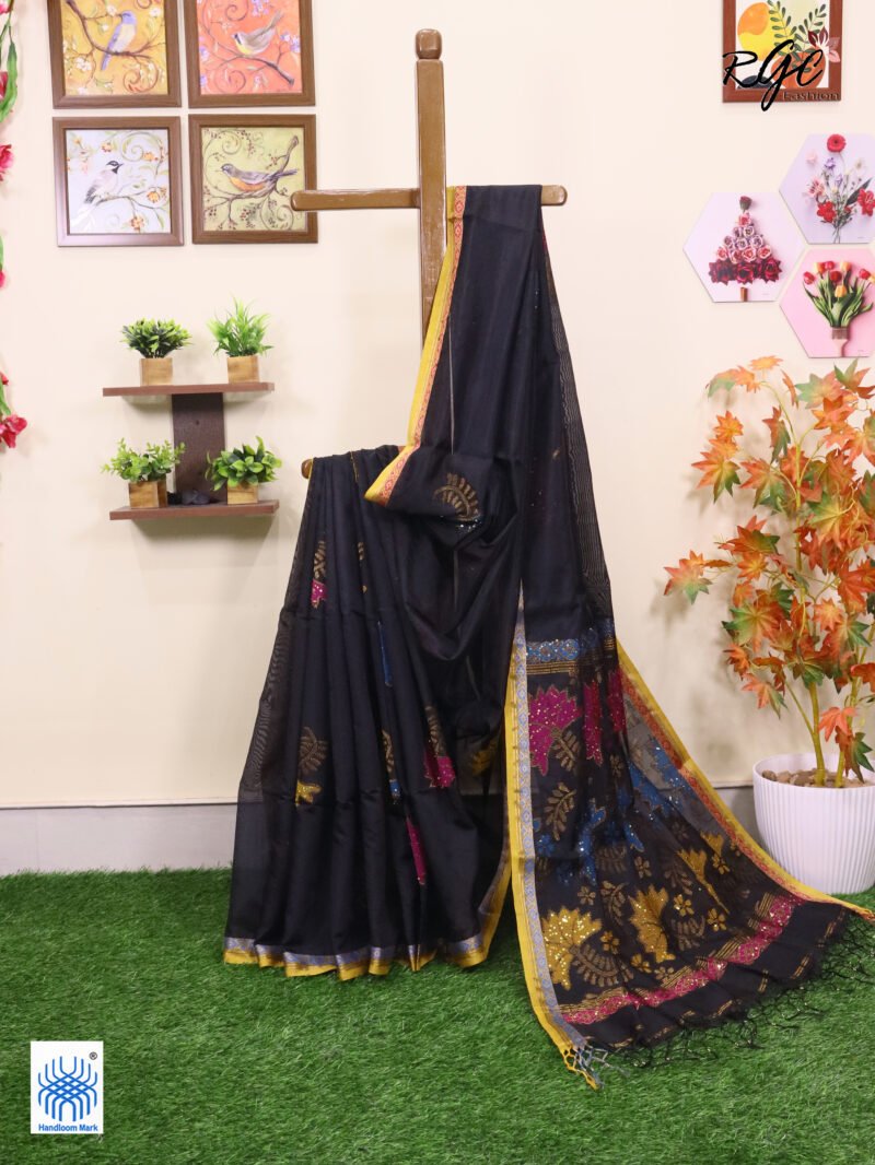 Black Bengal Katan Silk Sequence Work Jamdani Saree