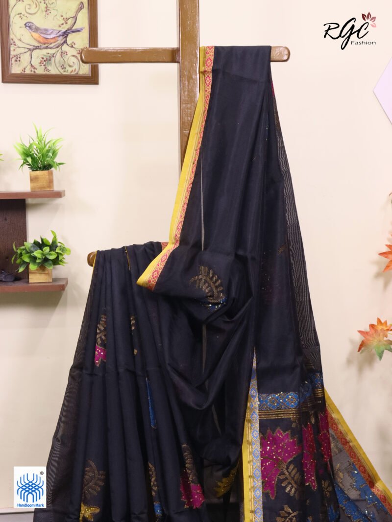 Black Bengal Katan Silk Sequence Work Jamdani Saree - Image 5