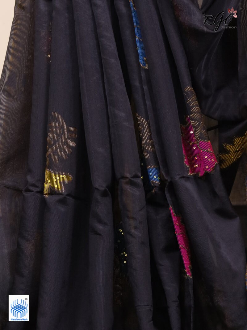 Black Bengal Katan Silk Sequence Work Jamdani Saree - Image 4