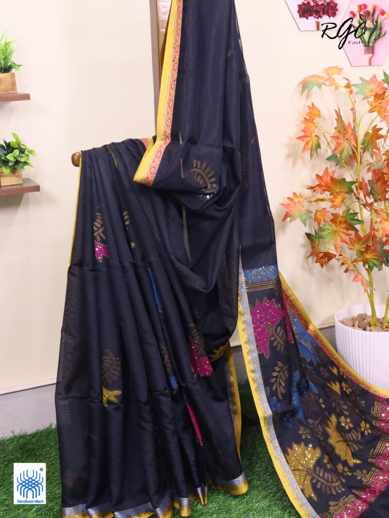 Black Bengal Katan Silk Sequence Work Jamdani Saree - Image 3