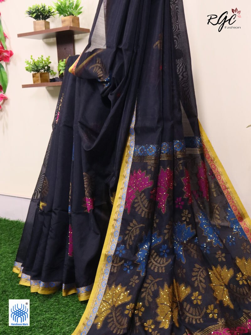 Black Bengal Katan Silk Sequence Work Jamdani Saree - Image 2