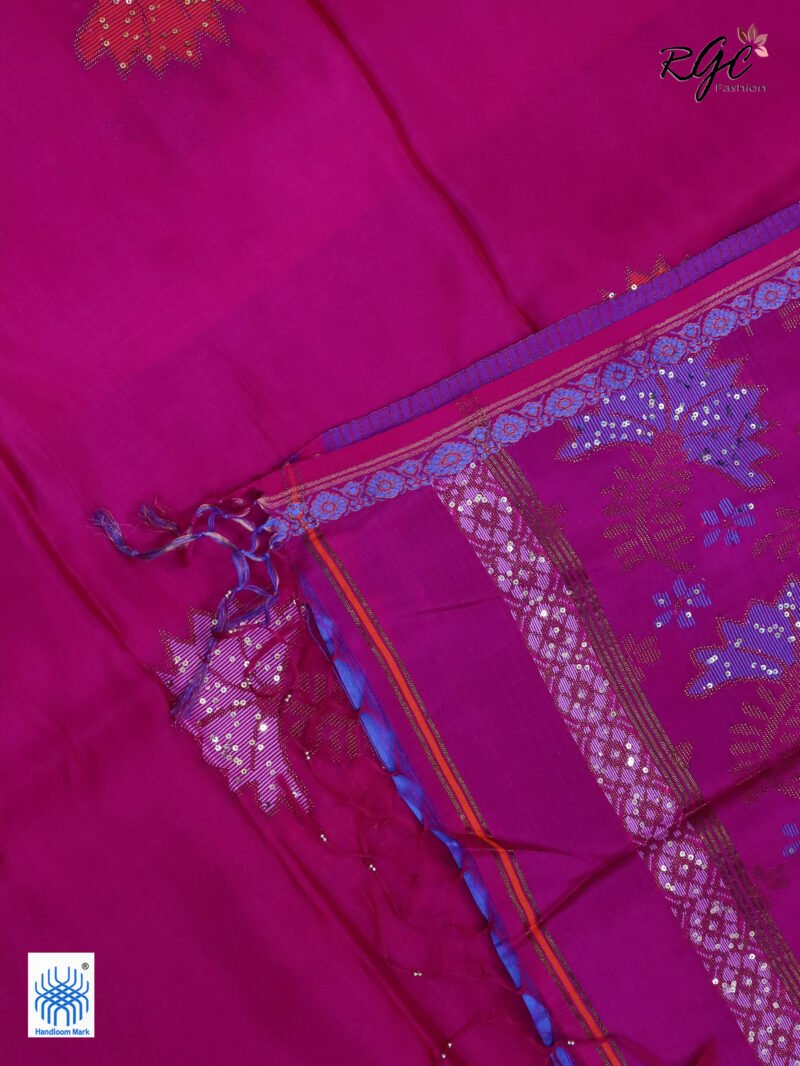 Rani Pink Bengal Katan Silk Sequence Work Jamdani Saree - Image 7