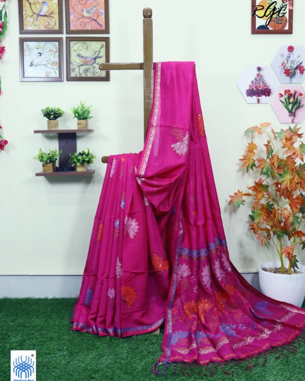 Rani Pink Bengal Katan Silk Sequence Work Jamdani Saree
