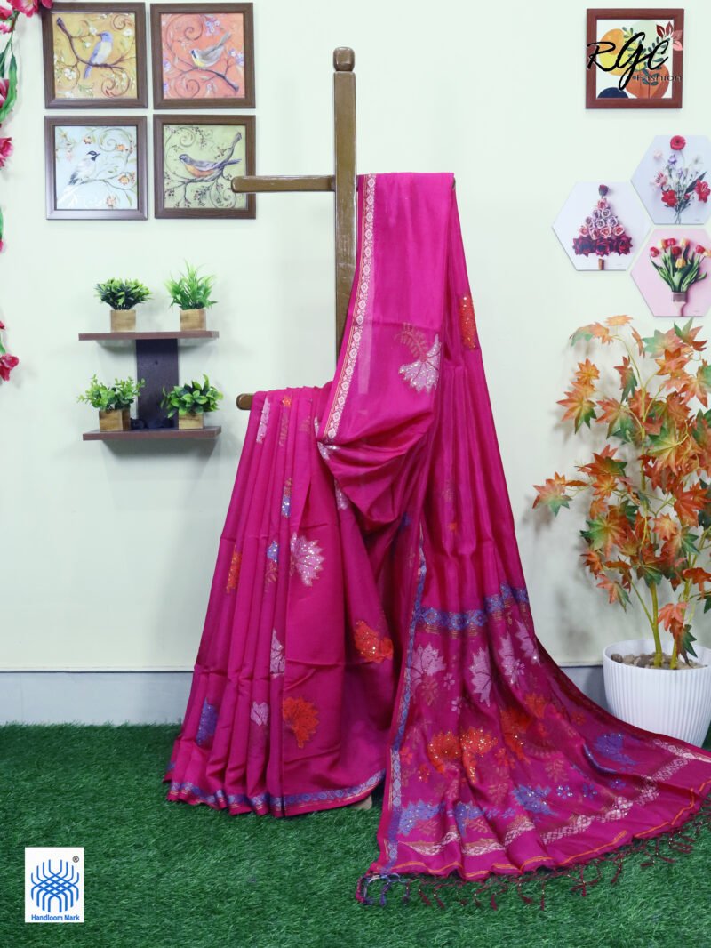 Rani Pink Bengal Katan Silk Sequence Work Jamdani Saree
