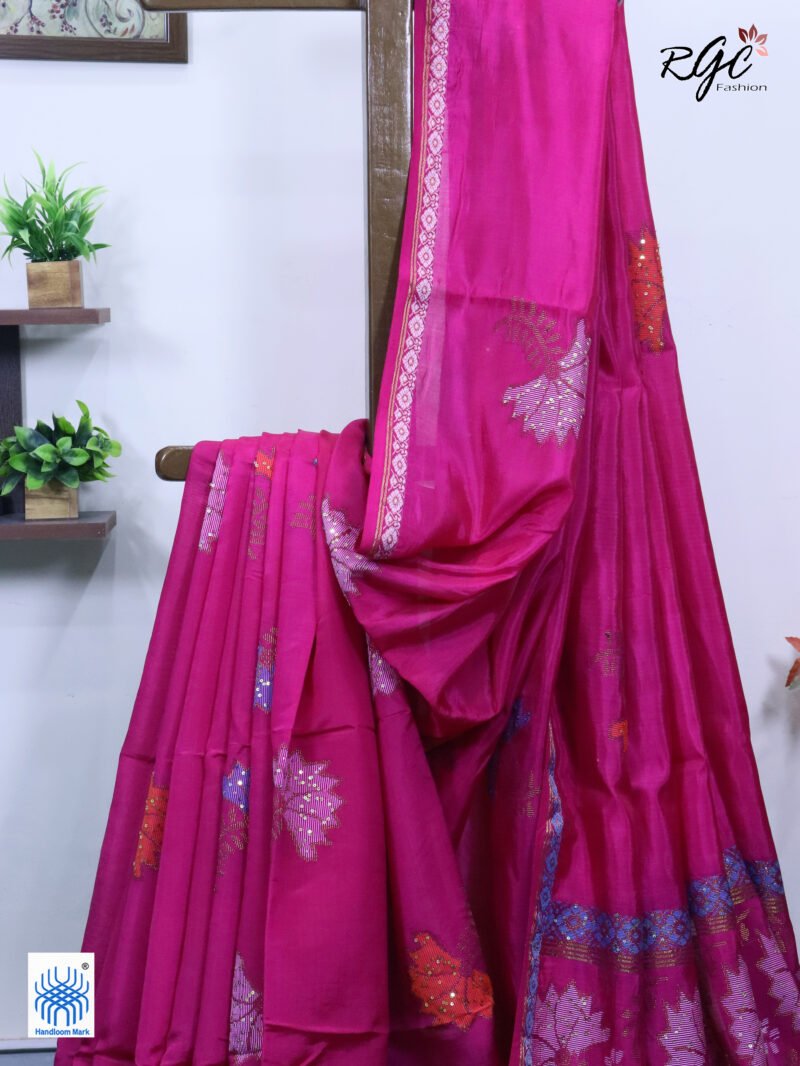 Rani Pink Bengal Katan Silk Sequence Work Jamdani Saree - Image 5