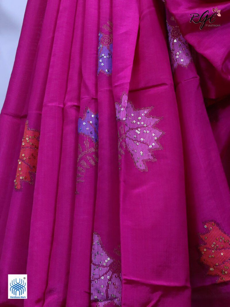 Rani Pink Bengal Katan Silk Sequence Work Jamdani Saree - Image 4