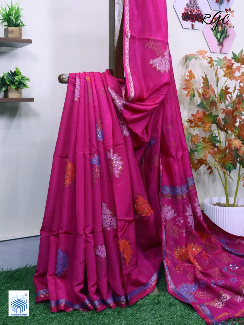 Rani Pink Bengal Katan Silk Sequence Work Jamdani Saree - Image 3