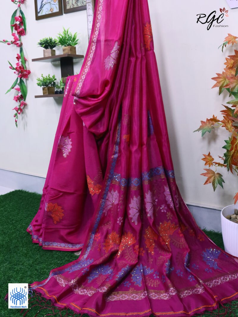 Rani Pink Bengal Katan Silk Sequence Work Jamdani Saree - Image 2
