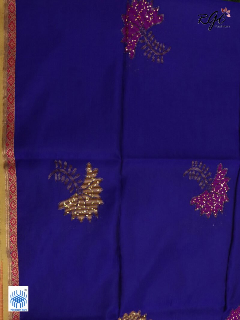 Blue Bengal Katan Silk Sequence Work Jamdani Saree - Image 9
