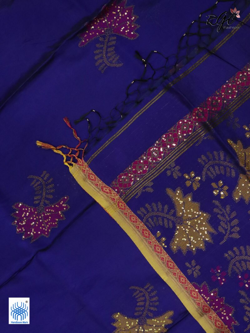 Blue Bengal Katan Silk Sequence Work Jamdani Saree - Image 7