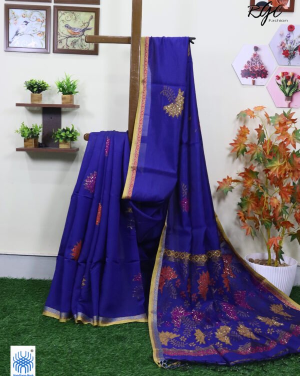 Blue Bengal Katan Silk Sequence Work Jamdani Saree