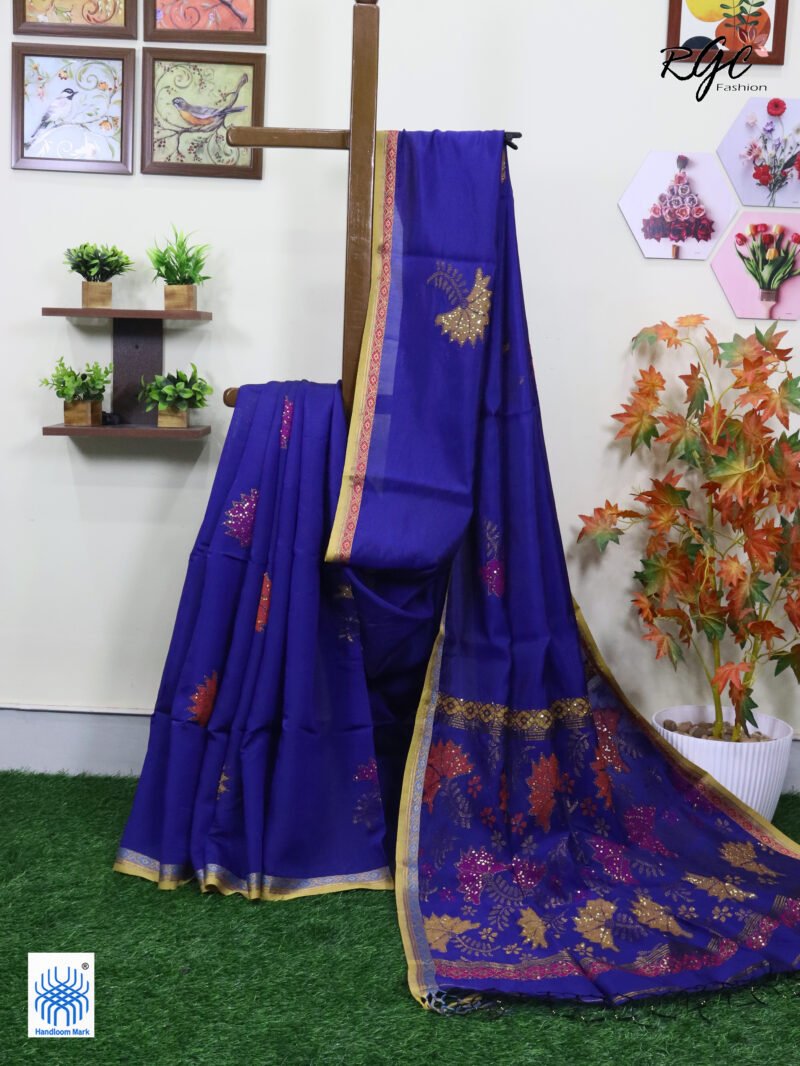 Blue Bengal Katan Silk Sequence Work Jamdani Saree
