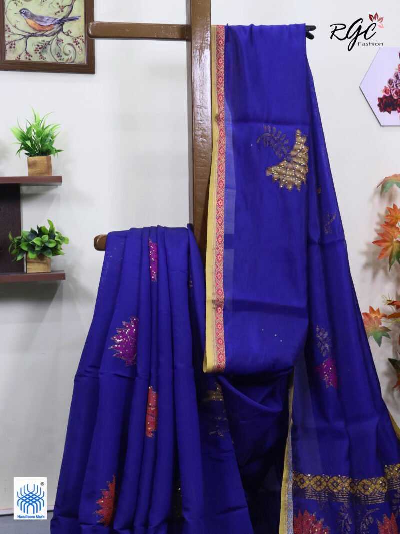 Blue Bengal Katan Silk Sequence Work Jamdani Saree - Image 5