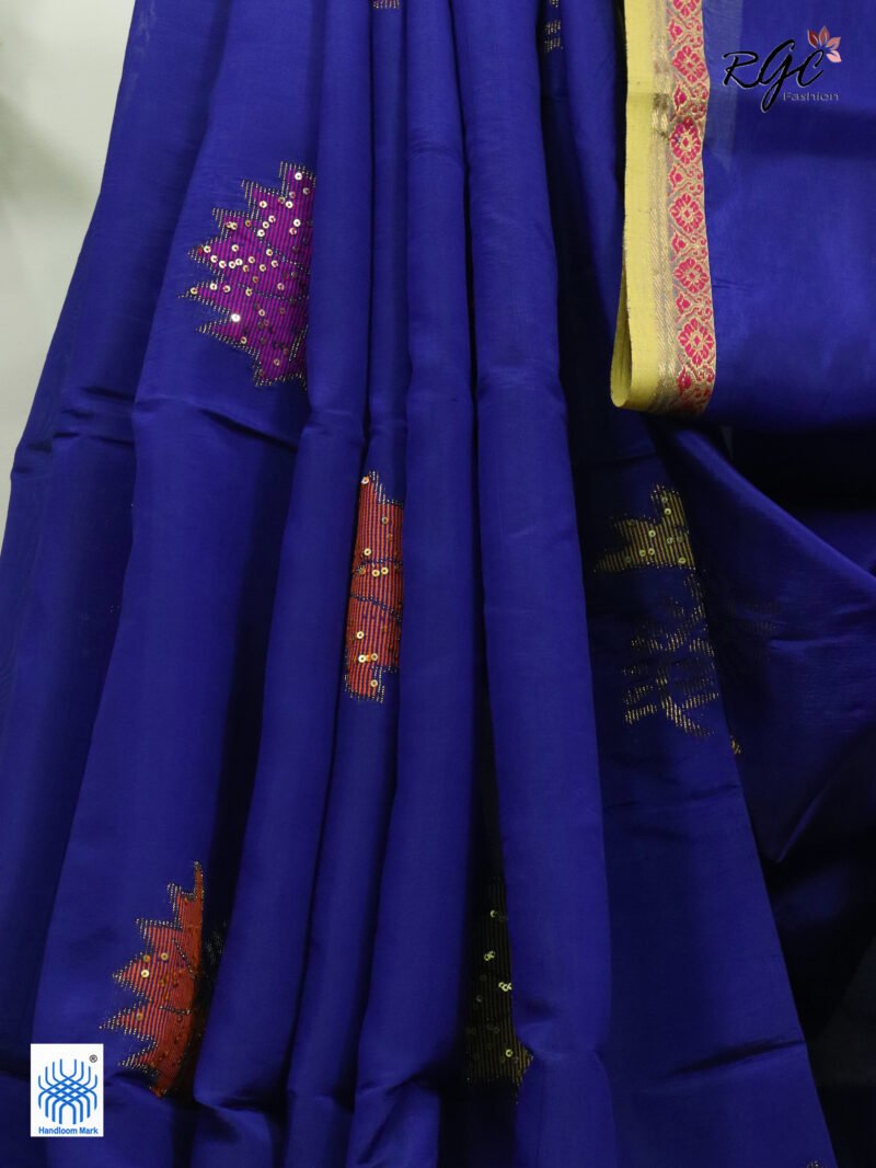 Blue Bengal Katan Silk Sequence Work Jamdani Saree - Image 4