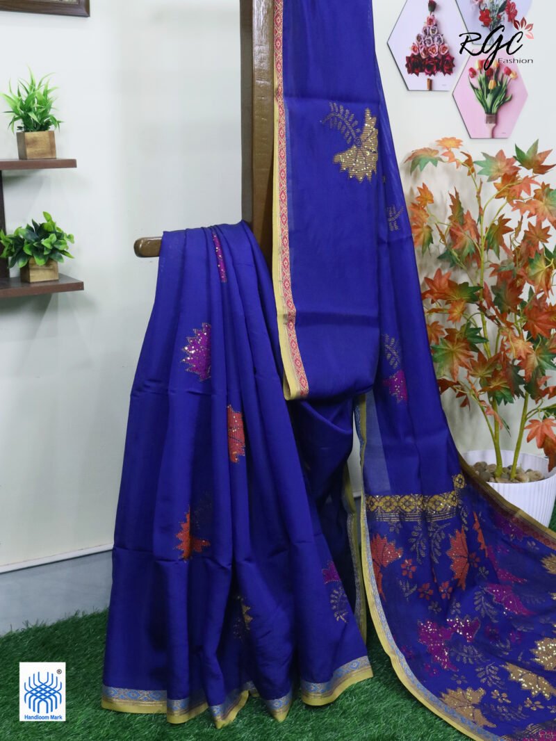 Blue Bengal Katan Silk Sequence Work Jamdani Saree - Image 3