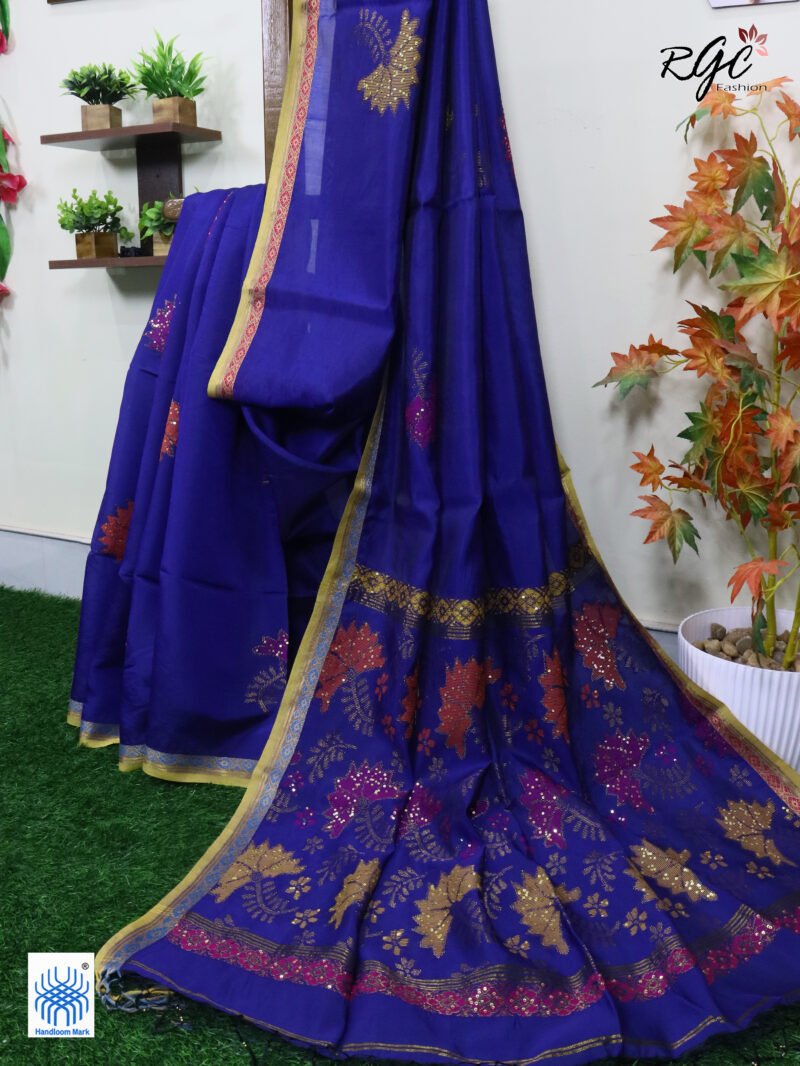 Blue Bengal Katan Silk Sequence Work Jamdani Saree - Image 2