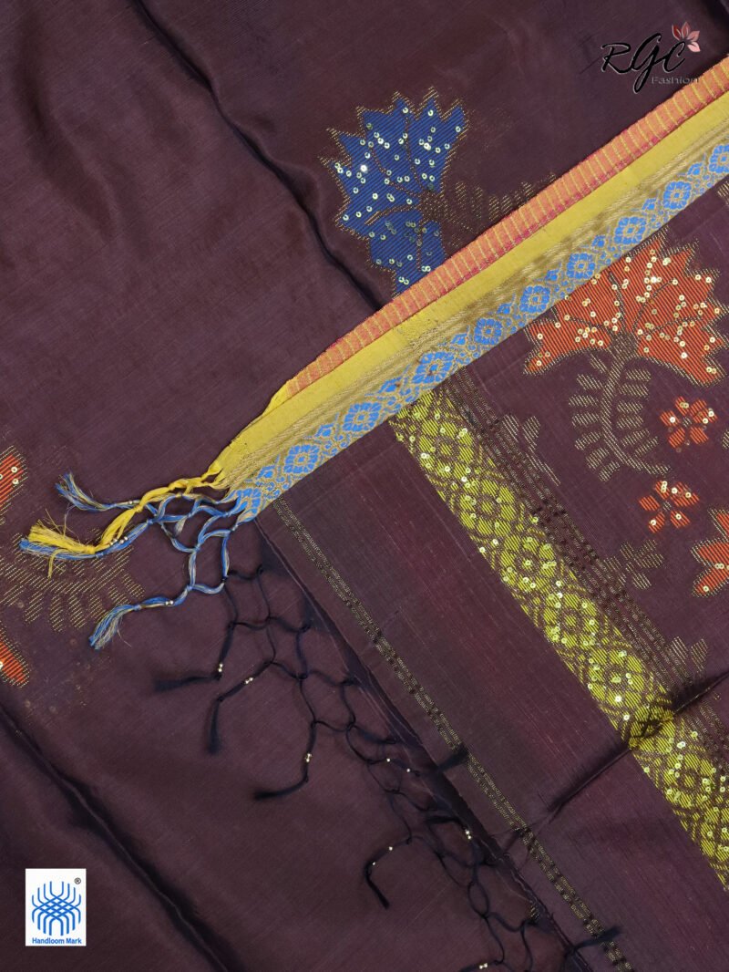 Brown Bengal Katan Silk Sequence Work Jamdani Saree - Image 4