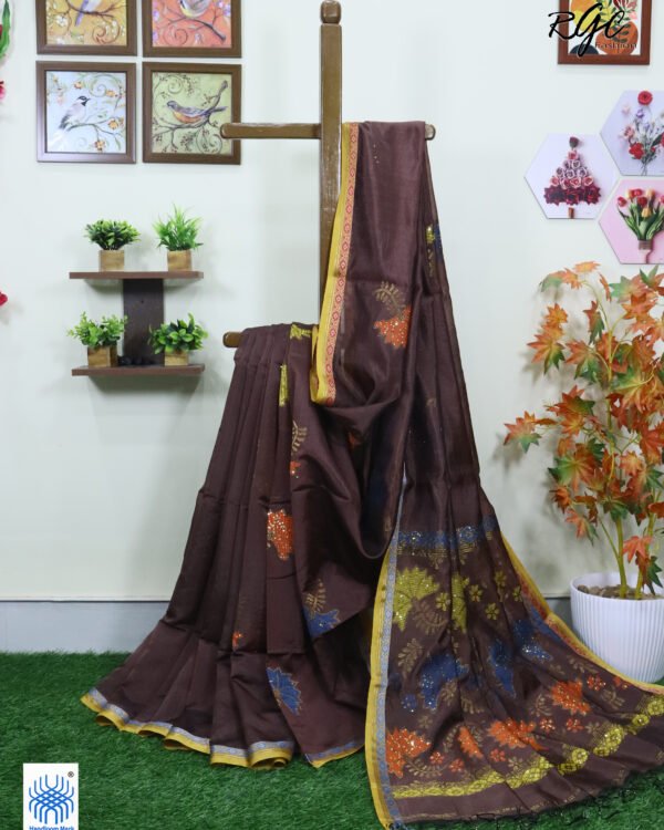 Brown Bengal Katan Silk Sequence Work Jamdani Saree