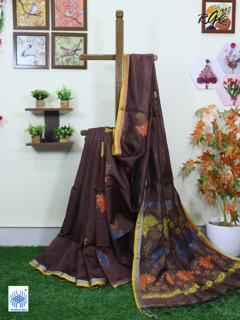 Brown Bengal Katan Silk Sequence Work Jamdani Saree