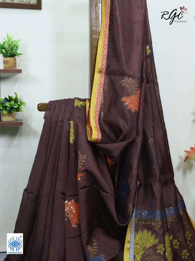 Brown Bengal Katan Silk Sequence Work Jamdani Saree - Image 6