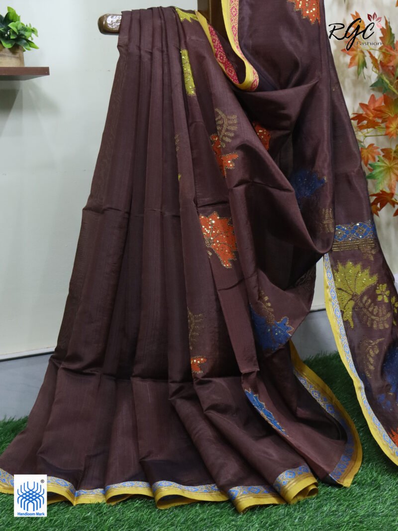 Brown Bengal Katan Silk Sequence Work Jamdani Saree - Image 7
