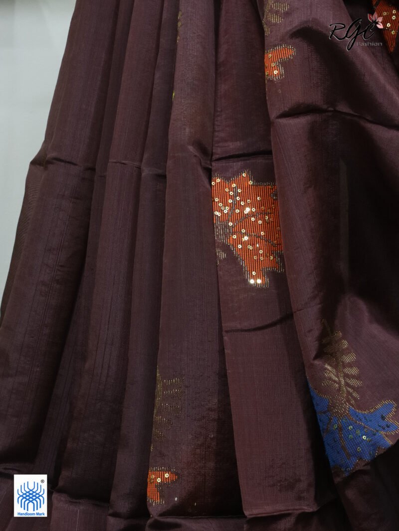 Brown Bengal Katan Silk Sequence Work Jamdani Saree - Image 8