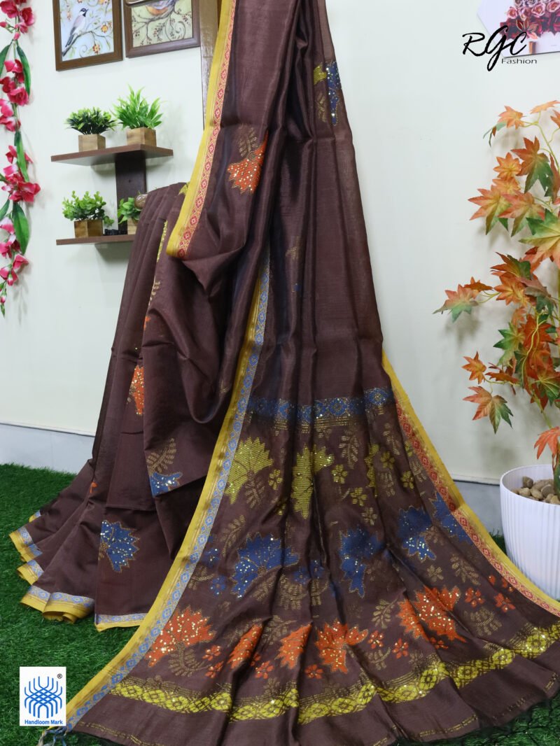 Brown Bengal Katan Silk Sequence Work Jamdani Saree - Image 9