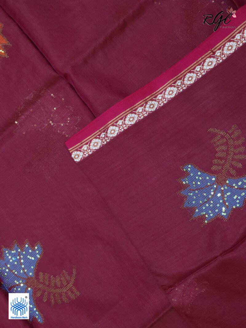 Beetroot Bengal Katan Silk Sequence Work Jamdani Saree - Image 8