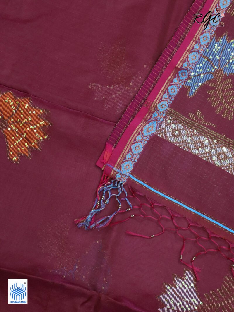 Beetroot Bengal Katan Silk Sequence Work Jamdani Saree - Image 7