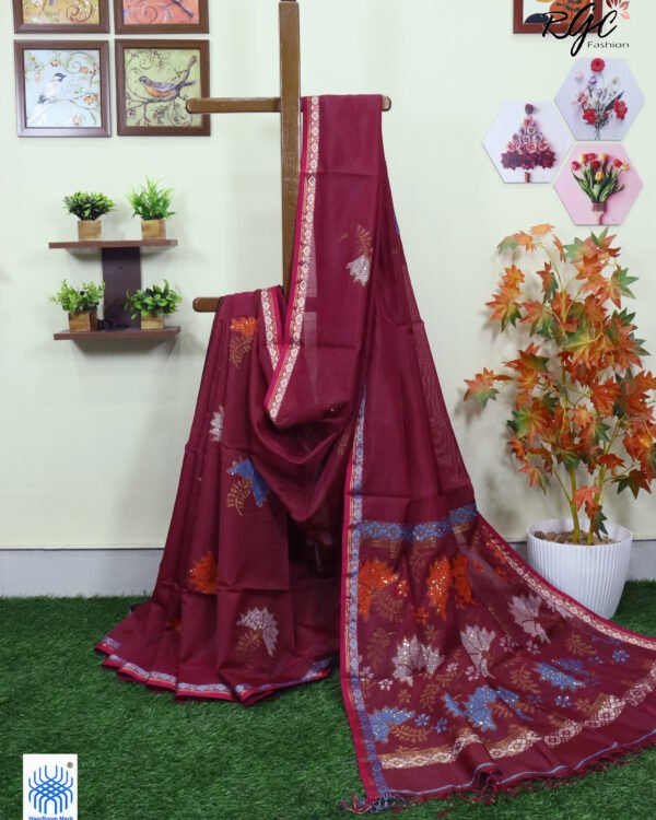 Beetroot Bengal Katan Silk Sequence Work Jamdani Saree