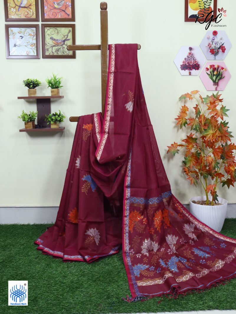 Beetroot Bengal Katan Silk Sequence Work Jamdani Saree